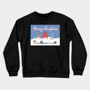 Three Merry Christmas Gnomes with Snowflakes and Presents on Pale Blue Crewneck Sweatshirt